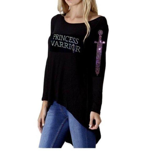 Princess Warrior Black Rayon Stretch Womens Hi Low Pink Sword 3/4 Sleeve Top L - Picture 1 of 3